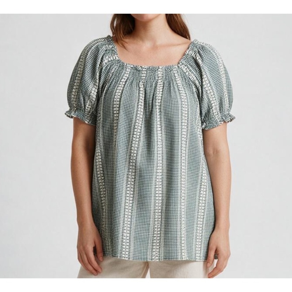 NWT Easel Peasant Top Blouse DARK GREEN & CREAM Gingham Check PUFF SLEEVES sz L